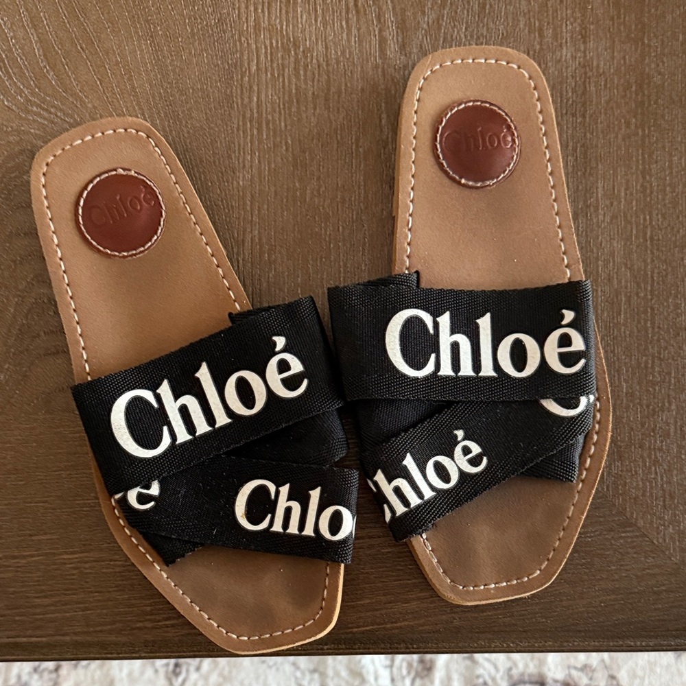 Chloé Black Logo Ribbon Slide Sandals run small 5.5 -6